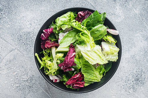 Frieze, romaine and Radicchio lettuce salad, on gray background, top view flat lay