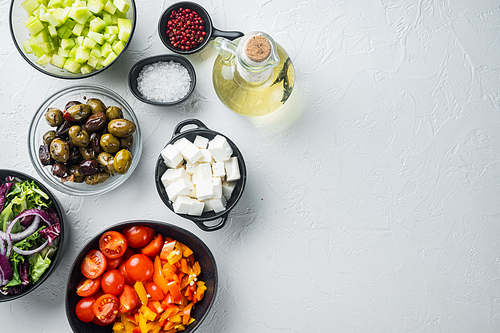 Cooking Greek salad ingredient, on white background, top view flat lay with copy space for text
