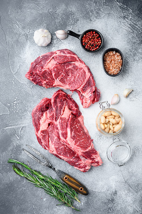 Raw fresh meat Ribeye steak entrecote of Black Angus Prime meat with ingredients set, on gray stone background, top view flat lay