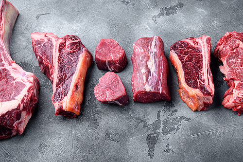Fresh raw Prime Black Angus beef marbled and dry aged steaks set, tomahawk, t bone, club steak, rib eye and tenderloin cuts, on gray stone background, with copy space for text