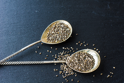 Organic chia seeds in a vintage spoon on dark wooden table with copyspace