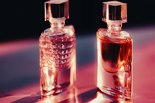 Two perfume bottles at sunset, perfumery as luxury beauty and cosmetic product.