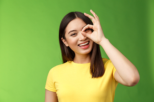 Close-up friendly carefree outgoing nice asian girl brunette having fun, tilt head joyfully, show okay ok sign look through circle amused, amazed perfect quality product, stand green background.