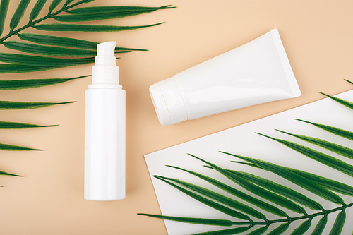 Cosmetic tubes with beauty products for manicure or skin care on beige and white background decorated with palm leaves. Concept of organic, eco friendly beauty products with natural ingredients