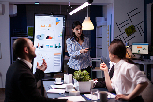 Workaholic businesswoman pointing financial strategy using monitor working overtime in company meeting office room. Diverse multi-ethnic teamwork overworked solving management statistics in evening