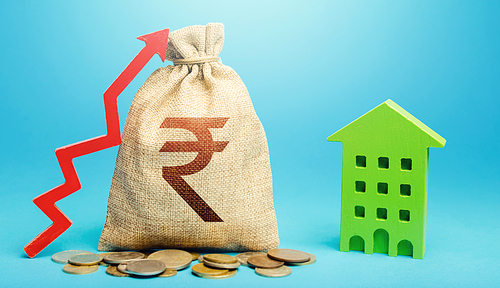 Indian rupee money bag with red up arrow and residential building. Return on investment. Recovery and growth in property cost. Increase in prices for apartments and housing. Municipal budget.