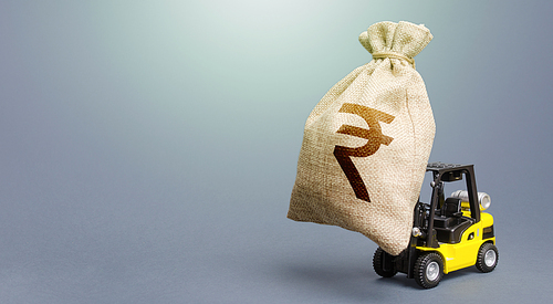 Forklift carrying a indian rupee money bag. Strongest financial assistance, business support. Borrowing on capital market. Stimulating economy. Subsidies soft loans. Investments. Anti-crisis budget.