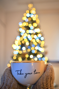 Conceptual Take your time Girl Holding a Cup of Tea and Christmas Tree Bokeh