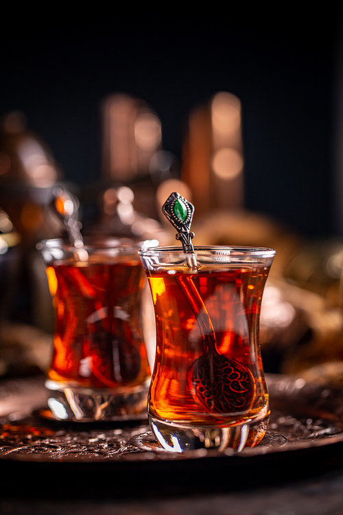 Two cups of Turkish tea served on tray