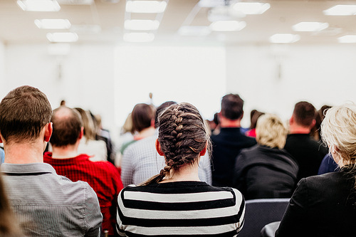 Business and entrepreneurship symposium. Speaker giving a talk at business meeting. Audience in conference hall. Rear view of unrecognized participant in audience.