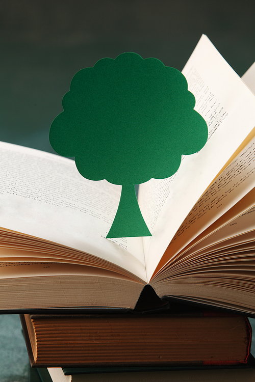 miniature trees on open book on the green background