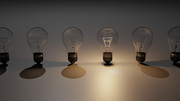 아이디어, 창의성, 혁신 및 솔루션 전구 램프 개념 3D 렌더링 그림