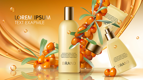 Sea buckthorn cosmetics vector realistic ads poster. Elegant packaging with cosmetic cream or lotion, branch with juicy orange seaberry, olive green leaves and flowing golden oil, magazine mockup