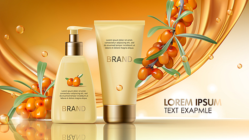 Sea buckthorn cosmetics vector realistic ads poster. Elegant packaging with cosmetic cream or lotion, branch with juicy orange seaberry, olive green leaves and flowing golden oil, magazine mockup