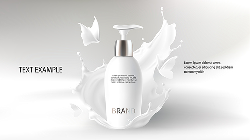 Cosmetic realistic vector background with cream. Skin care cosmetics, body lotion in white bottle with silver dispenser in milk splash, crown with flying butterfly. Mock-up promo banner, poster