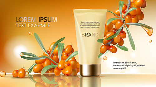 Sea buckthorn cosmetics vector realistic ads poster. Elegant packaging, tube with cosmetic hand, face cream, branch with juicy orange seaberry, olive green leaves and golden oil drops, magazine mockup