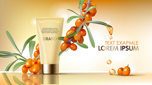 Sea buckthorn cosmetics vector realistic ads poster. Elegant packaging, tube with cosmetic hand, face cream, branch with juicy orange seaberry, olive green leaves and golden oil drops, magazine mockup