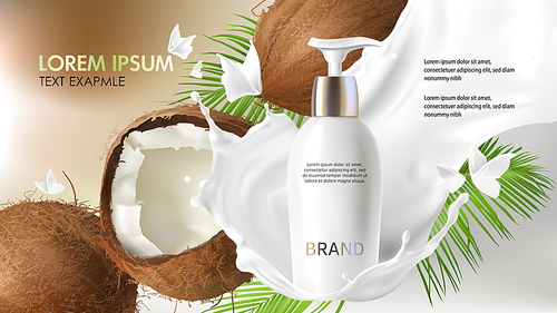 Cosmetic realistic vector background. White bottle with face cleansing gel falling in milk splash near cracked coconut with tropic green palm leaves. Mock up promo banner, natural cosmetics concept