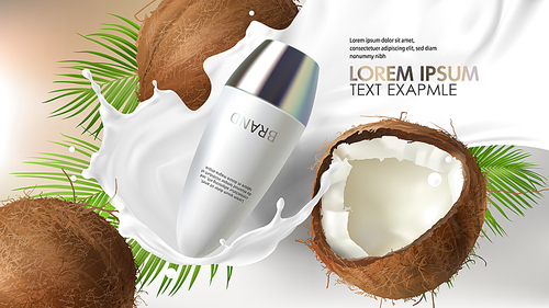 Cosmetic realistic vector background. White roll-on deodorant, antiperspirant falling in milk splash near cracked coconut with tropic green palm leaves. Mockup promo banner, natural cosmetics concept