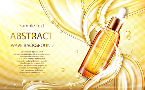 Cosmetic skin care oil or serum realistic vector poster. Glass pipette bottle with golden liquid, flowing streams or gold splashes flying drops on yellow transparent wavy background. Natural cosmetics