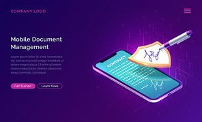 Mobile document manager business concept vector isometric illustration. Online signing of contract on digital smartphone screen, shield and stylus pen, purple landing web page for application
