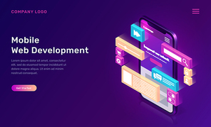 Mobile web development isometric concept vector illustration. Landing page template for creating customize smartphone website design, interface, phone screen with 3D icons on ultraviolet background