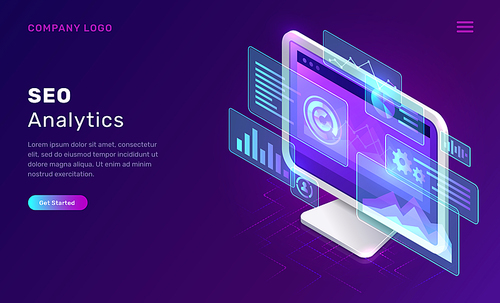 SEO or search engine optimization analytics, concept vector isometric illustration. Computer monitor with blue virtual holographic projections with graphs and charts for data analysis, landing webpage