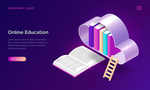 Online education isometric concept vector illustration. Open book and cloud with library on violet background, landing web site page for educational or language courses
