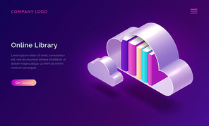 Online library isometric concept vector illustration. Virtual cloud shelf with books standing in it, isolated on purple background, landing page website for book storage, electronic reading