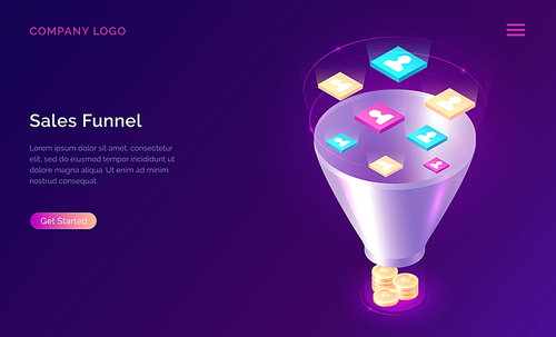 Sales funnel, isometric concept vector illustration. Marketing funnel with data drawn into it for analysis, optimization and sales generation, digital tool for profit growth. Template landing web page