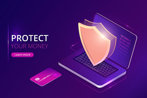 Protecting your money concept, online banking security guarantee, isometric vector. Bank credit card and open laptop, golden shield guards personal information on its screen, purple landing web page