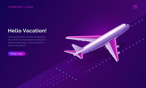 hello, vacation, isometric travel concept vector illustration. airport runway with burning lights and plane taking off on purple background. modern design for web page, ticket s or travel agency