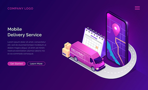 Mobile delivery service online app, vector isometric concept. Mobile phone screen with map and gps sign, road and minivan with parcels. Shipping tracking logistic ultraviolet web banner