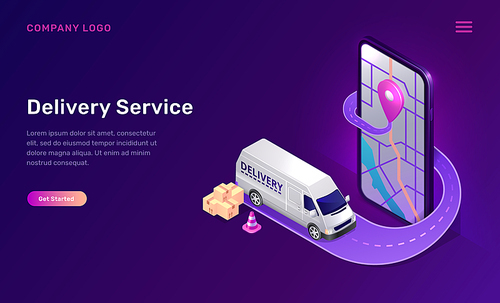 Mobile delivery service online app, vector isometric concept. Mobile phone screen with map and gps sign, road and minivan with parcels. Shipping tracking logistic ultraviolet web banner