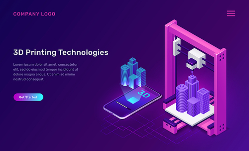3D printer technology, isometric concept vector illustration. 3D printer prototype manufactures building, dimensional virtual model above mobile phone, screen shows production process, purple banner