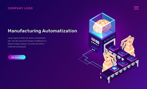 Manufacturing automation isometric concept vector illustration. Artificial Intelligence or ai controls conveyor belt movement and robots. Virtual mind, production line and yellow robots on ultraviolet