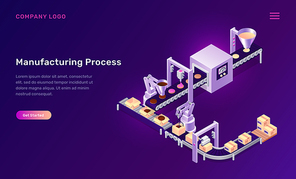 Manufacturing process isometric concept vector illustration. Conveyor belt for cookies assembly, baking, adding jam chocolate and product packaging, production line confectionery factory purple banner