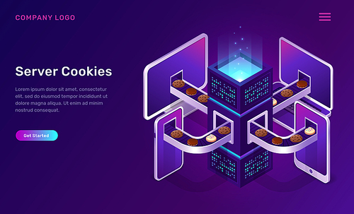 Server cookies technology, isometric concept vector illustration. Server tower, conveyor belt with cookies and user devices, mobile phone, tablet and laptop. Modern web spy technology using browser