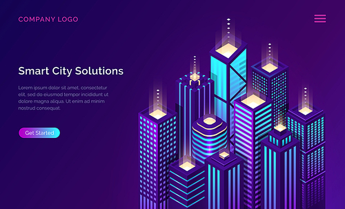 Smart city solution, internet of things and network technology, isometric concept vector illustration. Tall urban buildings block isolated on ultraviolet background