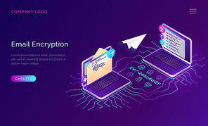 Email encryption, data security isometric concept vector. Open laptop, envelope with message on screen and flying paper airplane, neon connection lines and shield lock icons, communication protection