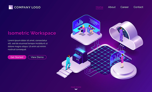Working space isometric futuristic concept vector. Modern coworking office with employee, large virtual screens with data and neon blue lines of communication. Information processing and analysis