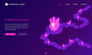 Way to success, vector isometric concept. Fantasy path maze or labyrinth with stone islands and pink crystals. Corporate landing web page template with game design and ultraviolet background