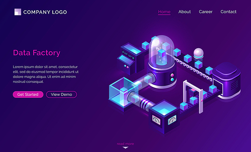 Data processing factory, isometric technology concept vector. Server with glass dome and virtual object, conveyor belt with transporting data, ultraviolet landing web page with blue neon icons