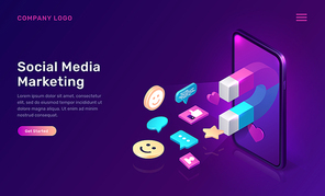 Social media marketing, viral mms, vector isometric concept. 3D mobile phone screen with large magnet attracting social media content icons, like and followers, chat messages, ultraviolet app web page