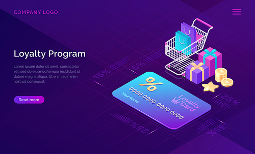 Loyalty program, vector isometric concept. Big discount card with percent, shopping cart and gift boxes and cash coins icons on ultraviolet background. Online service with collecting points