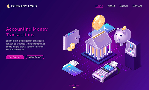 Accounting money transactions, isometric finance concept vector. Bank building with gold coin, piggy bank, payment terminal, credit card icons with connections, finance service website landing page