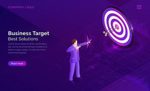 Business target solution isometric concept vector illustration. Round dart board with arrow and archer man. Symbolic goals achievement, success and competitors victory on ultraviolet webpage banner