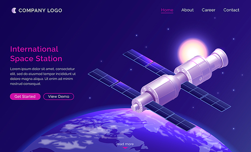 International space station isometric landing page, satellite or spaceship orbiting Earth in starry sky, iss cosmos exploration, outer universe scientific mission, 3d vector illustration, web banner