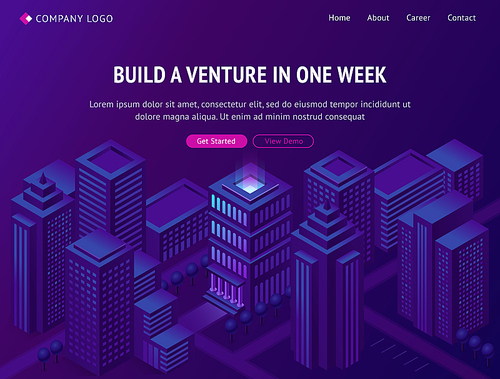 Venture and business company building service isometric landing page, organization project construction, smart city metropolis skyscrapers on neon colored background 3d vector illustration, web banner