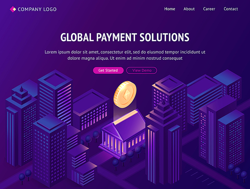 Global payment solutions isometric landing page. Cryptocurrency business, huge etherium hang above bank building in smart city with neon skyscrapers, mining blockchain technology, 3d vector web banner